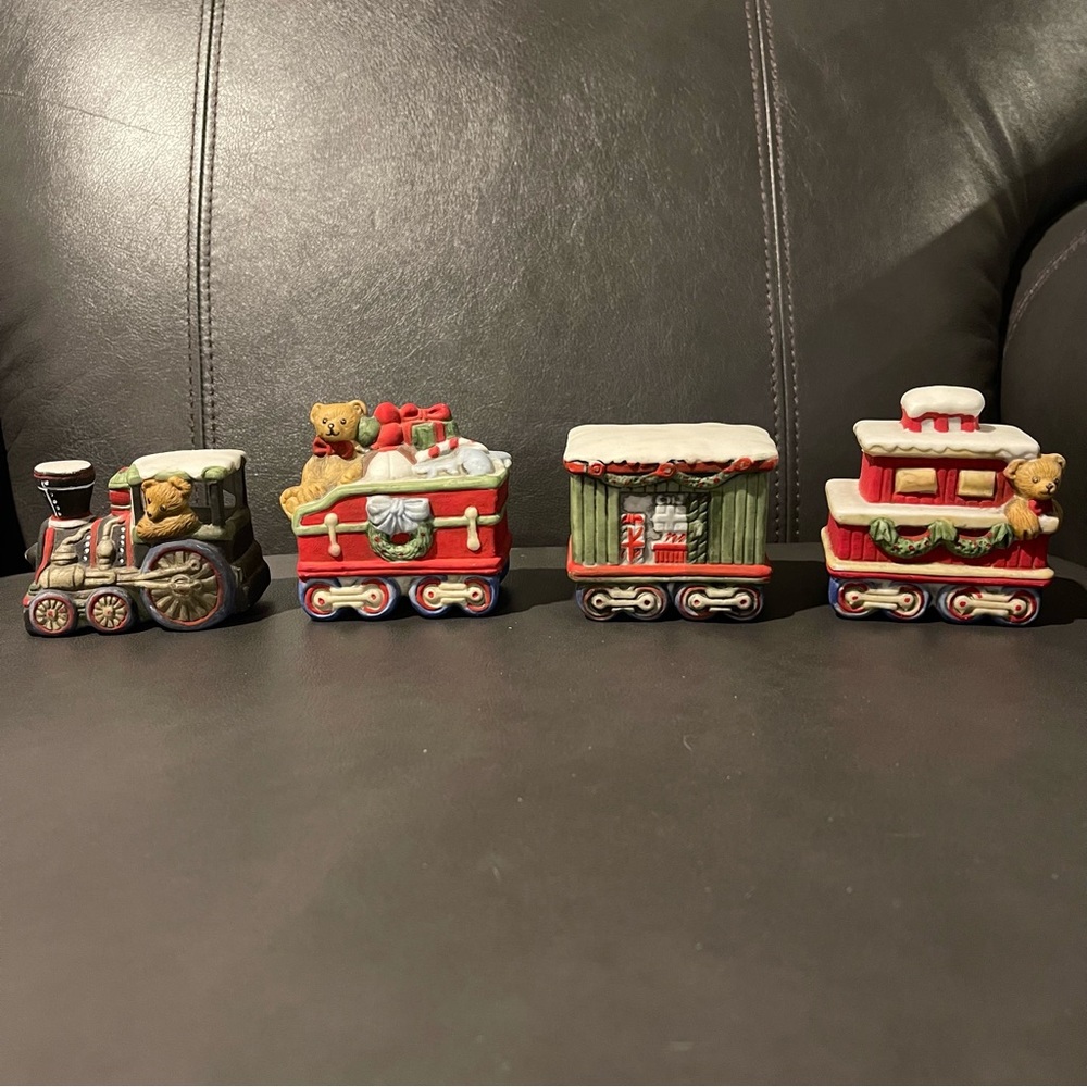 Vintage porcelain Christmas train each car is approx 2” x 3”